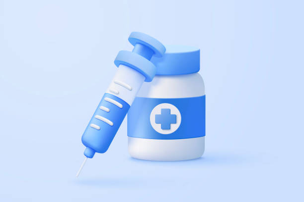 ilustraciones, imágenes clip art, dibujos animados e iconos de stock de frasco de medicación médica 3d con icono de jeringa. vacunación, equipo médico, atención médica, concepto mínimo de medicina. medicamento de farmacia médica. ilustración de renderizado vectorial de icono de cura de medicina 3d - vacunación