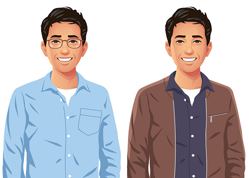 Vector illustration of a young smiling asian man with glasses, looking at the camera, isolated on white. Part of a series.