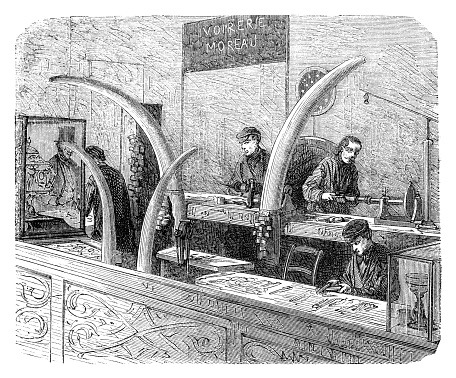 From the exhibition palace from 1867. Ivory turning shop in the French part of the machine gallery