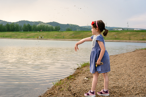 Cute little girl throws pebbles into a lake on a summer day