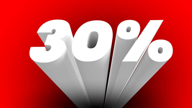 istock 30 percent sign. 3d letter. Red background. 2149618984