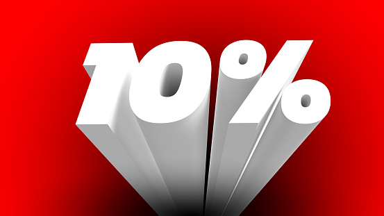 10 percent sign. 3d letter. Red background.
