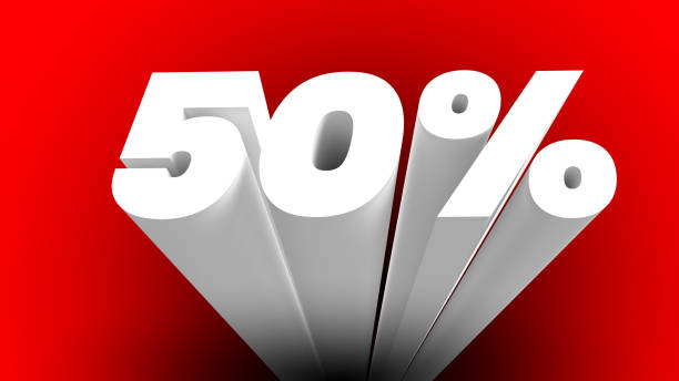 istock 50 percent sign. 3d letter. Red background. 2149619014