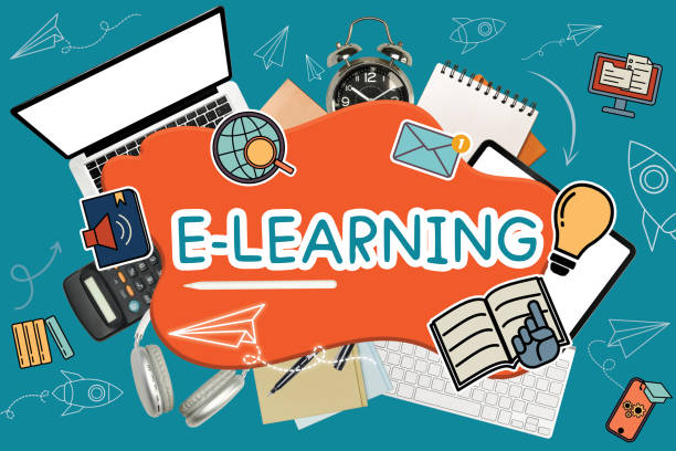 istock Word e-learning surrounded by various school supplies and laptop on blue background 2149619294