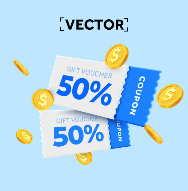 3d couple of promotional coupons with coupon code, golden coins. Special giveway with coupons or vouchers, percentage off. Gift voucher and gold coin dollar sign template. 3d vector illustration 3d couple of promotional coupons with coupon code, golden coins. Special giveway with coupons or vouchers, percentage off. Gift voucher and gold coin dollar sign template. 3d vector illustration. Vector illustration voucher stock illustrations