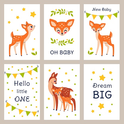 Cute new baby shower fawn. Funny animals, greeting cards, nursery prints and childish textile decor. Welcome little one posters, forest fauna characters, mom and kid deers, cartoon flat vector set