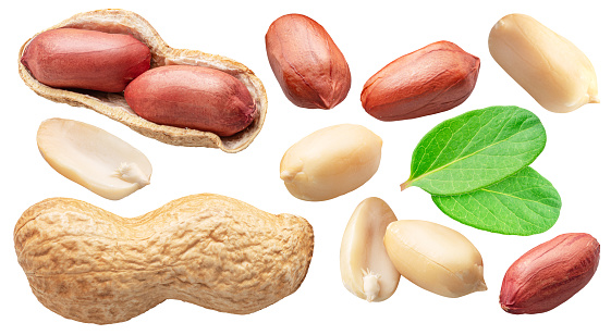 Set of peanut whole and cracked with leaves isolated on white background. File contains clipping paths.