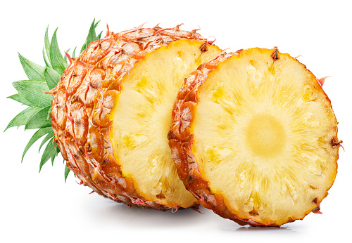 Ripe pineapple cross sections isolated on white background. File contains clipping path.