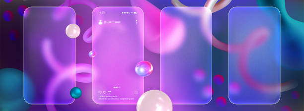 istock Glassmorphism mobile phone screens mockup with blurred floating abstract shapes on purple background 2149622223