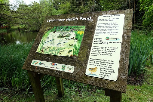 Letchmore Heath, Hertfordshire, England, UK - April 20th 2024: Sign about Letchmore Heath village pond in Hertfordshire