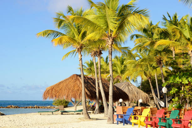 istock Caribbean beach with palmtrees and colourful chairs 2149623041