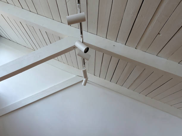 istock View of  lights installing under the white wooden ceiling 2149623332