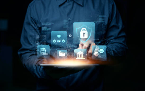 istock Cyber security and privacy concept to protect data Lock icon and internet network security technology Businessman protects personal information on smartphone virtual screen interface. 2149624797