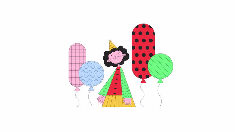 Disappointed sigh girl amidst floating balloons line 2D character animation