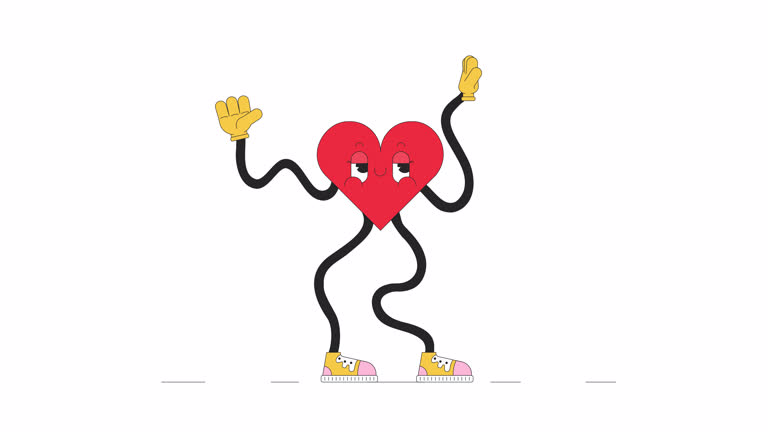 Retro funky heart with wavy arms and legs line 2D character animation