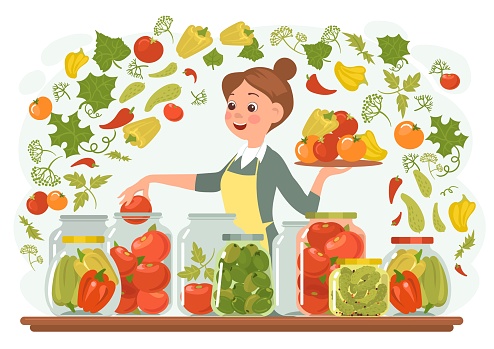 Canning vegetables. Preserved food. Woman conserving natural products. Cook in apron rolls tomatoes, cucumbers or peppers into jars. Conservation for storage. Homemade pickles. Splendid vector concept