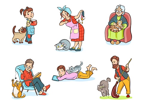 Cats with owners. Pets in different situations. People come into contact with domestic animals. Girl playing with kitten. Grandmother feeding and taking care. Fluffy kitty mammal. Splendid vector set