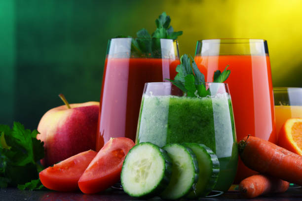 istock Glasses with fresh organic vegetable and fruit juices 2149625678