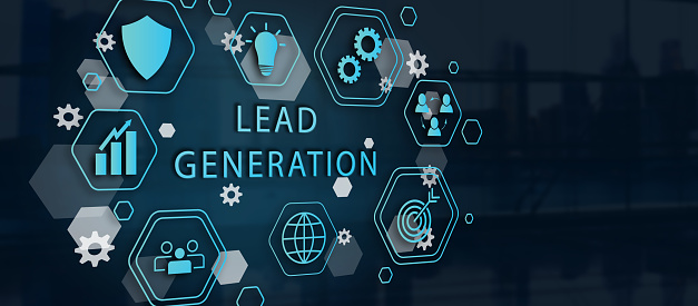 A futuristic digital interface with icons symbolizing the lead generation process in marketing and sales strategy
