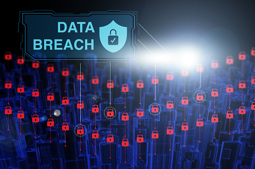 A 3D digital cityscape with floating lock icons and a 'Data Breach' alert, symbolizing network security and data protection threats.