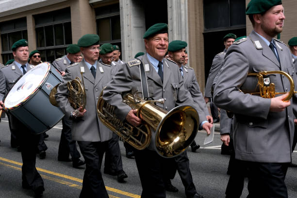 Norfolk, Virginia: USA, April 20, 2024:  The NATO Parade in Norfolk, Virginia is celebrating 75 years with bands and floats all over the world.  Here is the marching band from Germany marching in downtown Norfolk, Virginia.