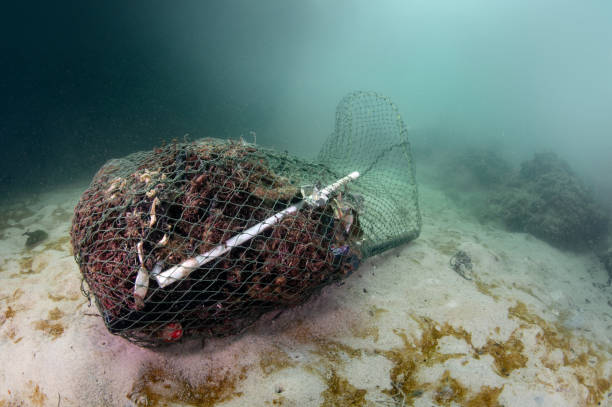 istock Abandoned fishing net and plastic garbage in the sea 2149628097