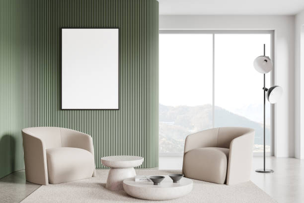 istock Stylish home relax room interior two armchairs and coffee table, mockup frame 2149628530