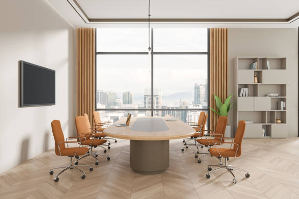 istock Cozy conference interior with table and chairs, tv screen and panoramic window 2149628744