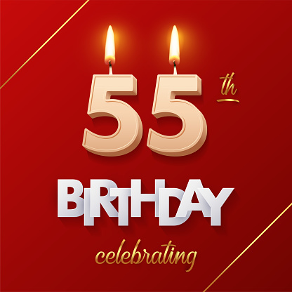 Birthday 55 number candles with fire for anniversary vector illustration. 3D realistic beige wax numbers twenty with candlelight, white and gold font on red background for invitation, greeting card.