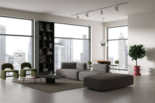 istock Modern home living room interior with relaxing and dining zone, window 2149629056