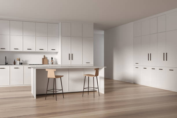 istock Luxury home kitchen interior with bar counter and shelves with kitchenware 2149629075