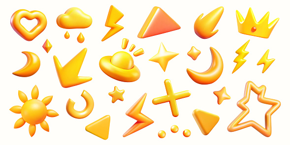 Collection of 3D vectors of yellow shapes and symbols of various shapes, such as triangles, month, moon, sun, arrow, ufo, lightning, abstract and lines.