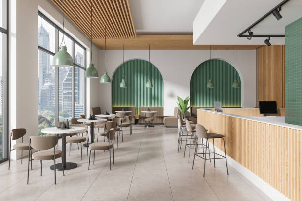 istock White and green cafe interior with bar counter 2149630162