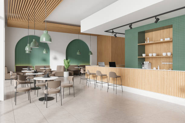 istock Modern bar interior with chairs and table, couch and cash desk with shelf 2149630285