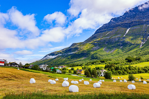In the fields lie sheaves of grass prepared for the winter. Picturesque mountains in central Norway. Waterfalls pour from the peaks into the lake.