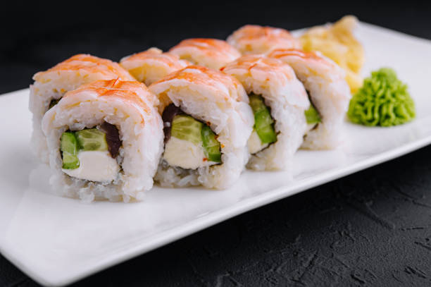 istock Fresh sushi roll platter on elegant white dish 2149631527