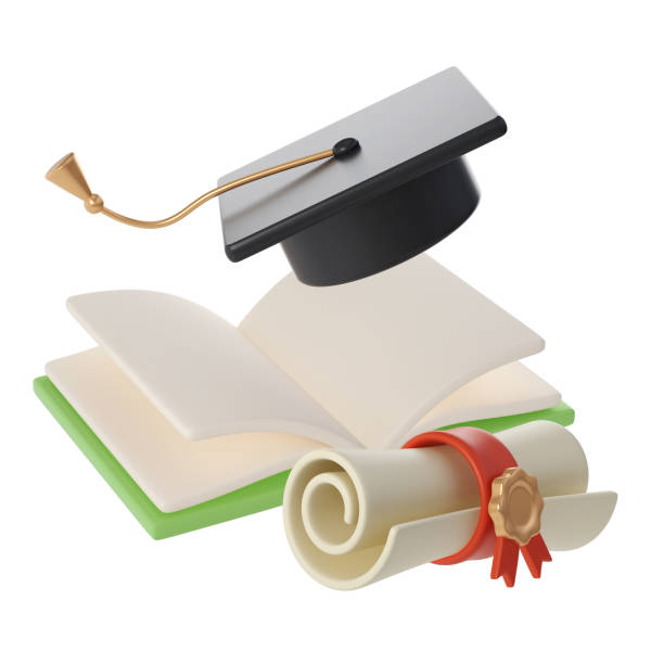 istock 3D flying open Book, Diploma scroll and university or college black cap graduate Icon. Render Education or Business Literature. E-book, Encyclopedia, Textbook Illustration 2149631707