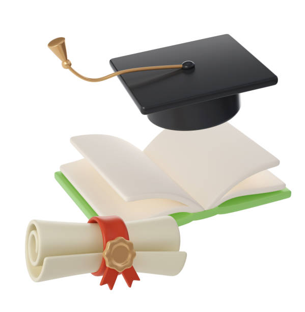 istock 3D flying open Book, Diploma scroll and university or college black cap graduate Icon. Render Education or Business Literature. E-book, Encyclopedia, Textbook Illustration 2149631715