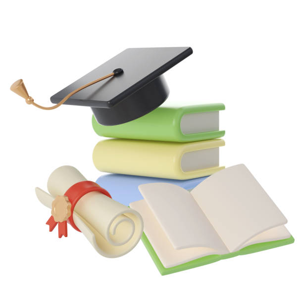 istock 3D Stack of Books, Diploma scroll and university or college black cap graduate Icon. Render Education or Business Literature. E-book, Encyclopedia, Textbook Illustration 2149631723