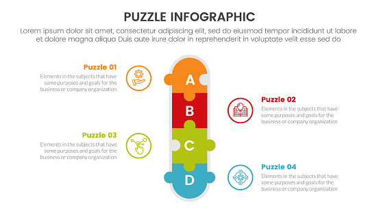 puzzle jigsaw infographic 4 point stage template with vertical puzzle shape with outline circle content with description for slide presentation vector