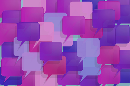 An overlapping array of speech bubbles in a variety of translucent purple and pink shades, representing diverse communication and social interaction.