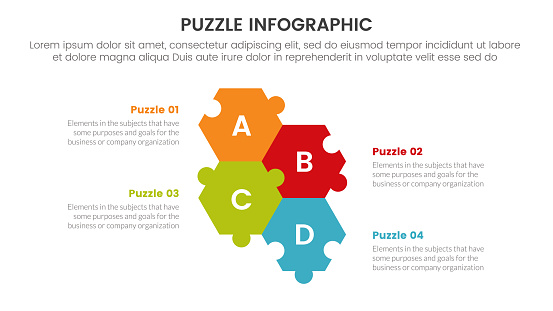 puzzle jigsaw infographic 4 point stage template with unbalance puzzle center up and down with description for slide presentation vector