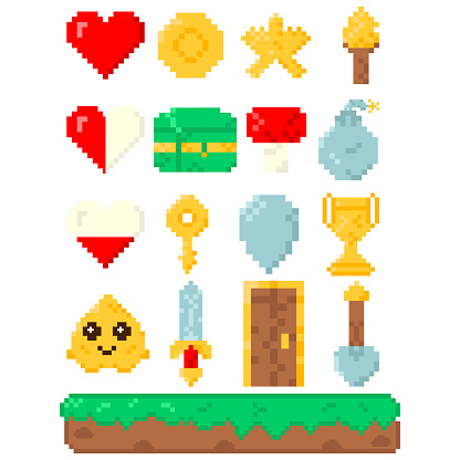 Set of elements for 8 bit games. Vector icon in pixel art style