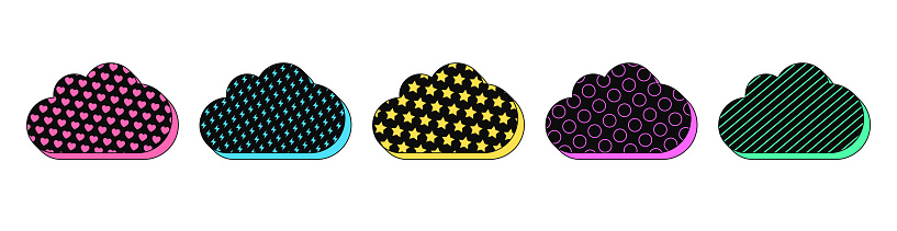 Isolated retro black cloud icon set, vector stickers. Digital data storage, cloud technology and datacenter, update center. Textured 3d cloud set, retro design elements for ads and pop culture
