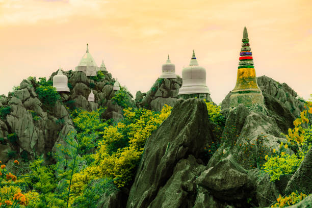 Wat Chaloem Phrakiat Phrachomklao Rachanuson. Pagodas on the mountain peak of Wat Chaloem Phrakiat. These pagodas were born from the faith in Buddhism of the Lampang people, Thailand.