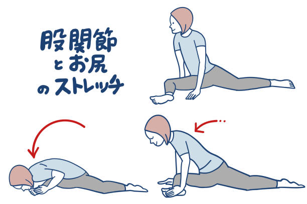 protahovací cvičení pro zvýšení pohyblivosti kyčlí - kegelovy-cviky stock ilustrace