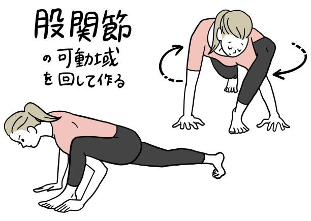 protahovací cvičení pro zvýšení pohyblivosti kyčlí - kegelovy-cviky stock ilustrace