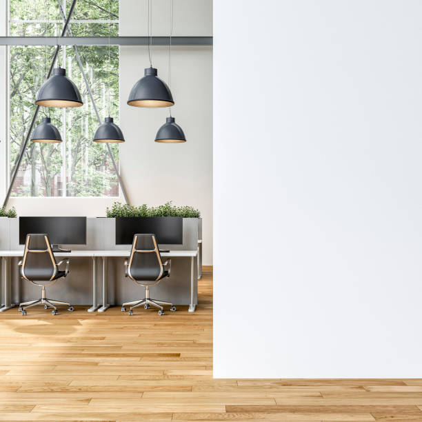 istock Modern office interior with white blank wall and copy space,  work desks and large windows  on hardwood floor 2149634542