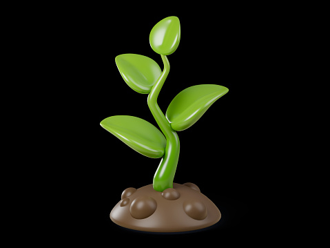 A small terrestrial plant is emerging from the soil. It could be a houseplant, flowering plant, or herbaceous plant. Green pedicel and leaves. Gardening concept. 3d illustration