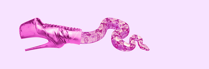 Monochrome pink image. Snake slithering out of high heel shoe. Contemporary art collage. Eye-catching promotion of fashion brands. Concept of surrealism, pop art, creativity, imagination. Banner